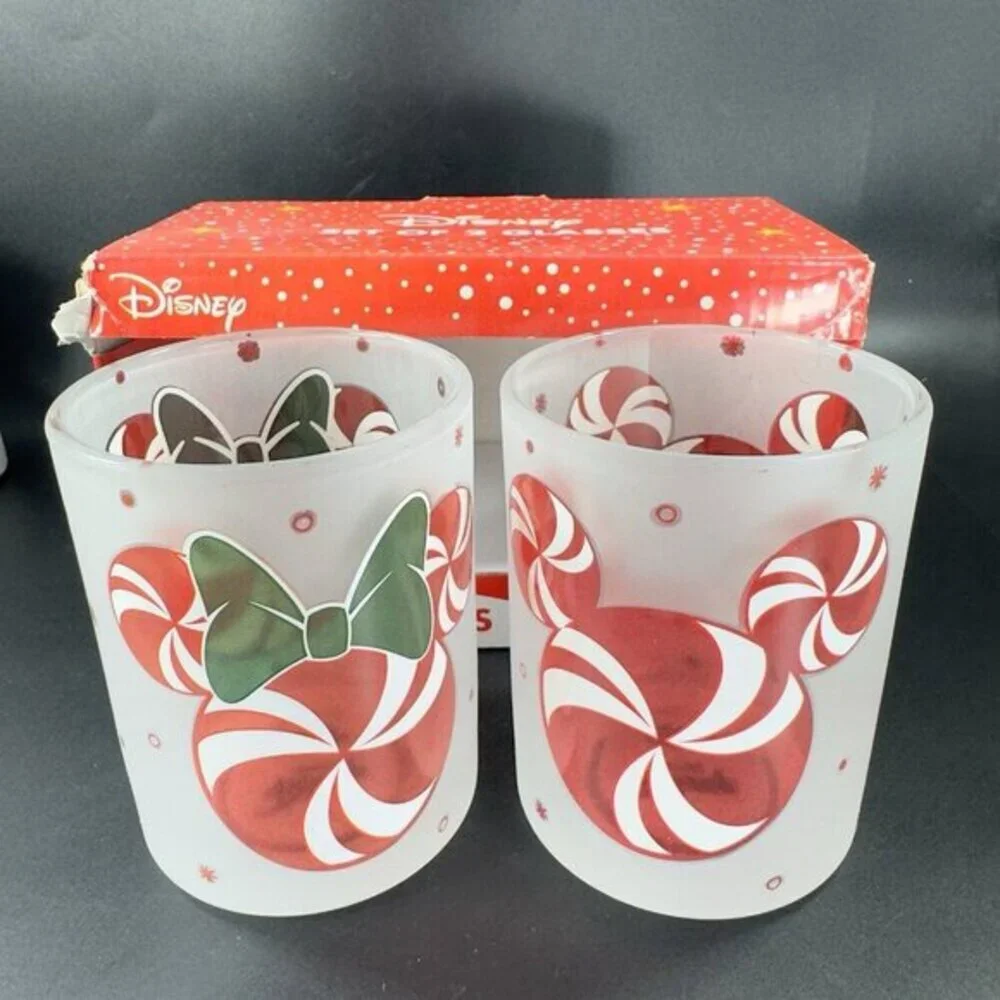 Disney Christmas Peppermint Cup Lowball Tumbler Set 2 New In‎ Box Clear Frosted